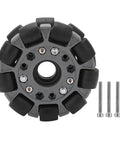 100mm double omni-directional plastic wheel with black rollers around a gray hub; includes three mounting screws