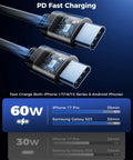PD Fast Charging USB-C cables with 60W output for iPhone 17 Pro and Samsung Galaxy S23, highlighting efficient charging speeds