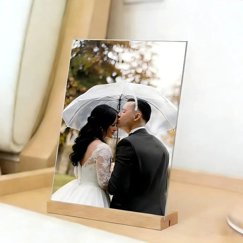 8.5 X 11 Acrylic Sign Holder With Wood Base displaying wedding photo, showcases L and T Shape vertical display option.
