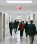 Two Pack Aluminum Red Exit Signs for Doors and Walls as seen in a busy office hallway with people walking