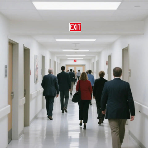 Two Pack Aluminum Red Exit Signs for Doors and Walls as seen in a busy office hallway with people walking