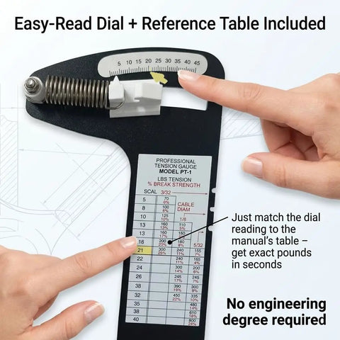 Ultimate Sailboat Rigging Tension Gauge For Quick Cable Checks, 0 To 800 Lb Range, Compatible With 3/32, 1/8, And 5/32 Inch Wire Rope, Hands Off Tension Tester For Standing Rigging, Tighten With Confidence. Dial and reference table shown on PT-1 stainless tension gauge.