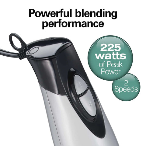 Kickass 4 In 1 Electric Immersion Hand Blender With Whisk And 3 Cup Vegetable Chopper Bowl showing ergonomic handle and speed buttons.