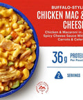 Buffalo Style Chicken Mac And Cheese Freeze Dried Camping Meal with 12 servings and 30 year shelf life shown in packaging.