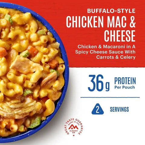Buffalo Style Chicken Mac And Cheese Freeze Dried Camping Meal with 12 servings and 30 year shelf life shown in packaging.