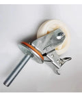 Heavy Duty Nylon Swivel Casters With Locking Brake, 4 Inch Threaded Stem Wheels, close-up view of caster with locking mechanism.