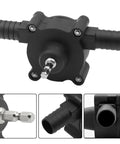 High Power Electric Drill Pump For Water Gasoline Oil Diesel Fluid Transfer With Self Priming Heavy Duty Build and High Pressure Efficiency for Fast Work Jobs, black plastic design with attachments.