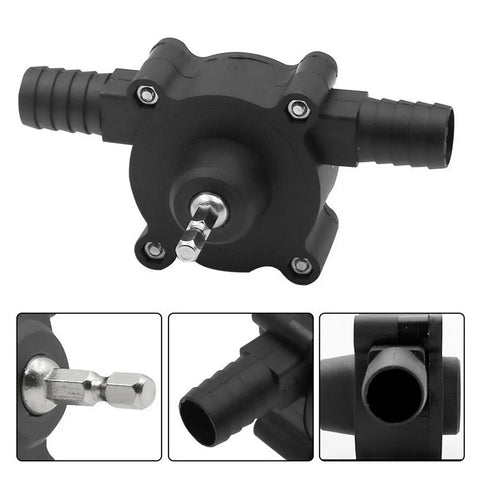 High Power Electric Drill Pump For Water Gasoline Oil Diesel Fluid Transfer With Self Priming Heavy Duty Build and High Pressure Efficiency for Fast Work Jobs, black plastic design with attachments.