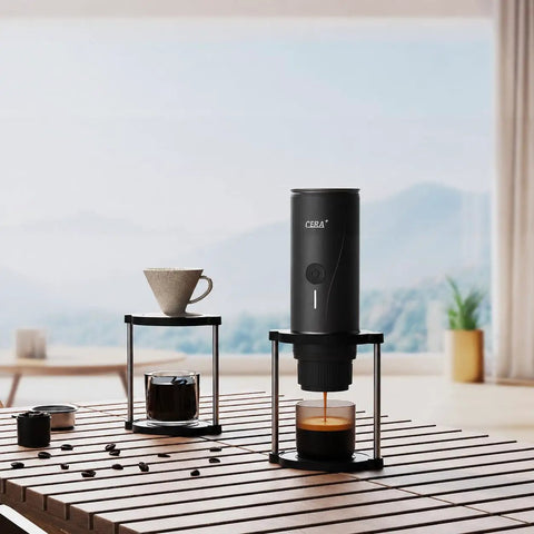 Proven Travel Espresso Stand And Universal Coffee Maker Rack With No Sweat Assembly For Drip Brewers And Portable Grinder Kits That Keeps Your Morning Brew Routine Fully Locked In, showcasing coffee maker and cups.