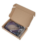 Open cardboard box with 14 Pcs 3 Pin And 5 Pcs 4 Pin Female To Female Dupont Jumper Wires Set Multicolor Ribbon Cables 30cm For Breadboard