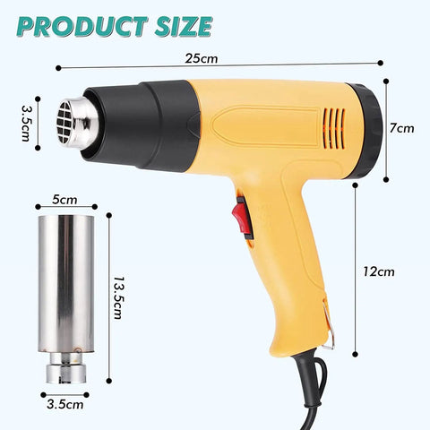 GazogJ Adjustable Heat Shrink Gun 1600W For Wine Bottle Capsule Shrinking Tool dimensions on product image with size details.