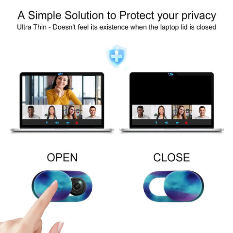 Straight Up Slick Laptop Camera Cover Slide Three Pack Webcam Privacy Protector showing usage on laptops, with open and closed views, ultra slim design.