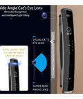 Built Tight Smart Door Lock Featuring Fast Swipe Fingerprint Sensor And Reliable 3D Facial Match For Smooth Wifi App Setup Plus Tough Keypad Access showing wide angle cat's eye lens and keypad.