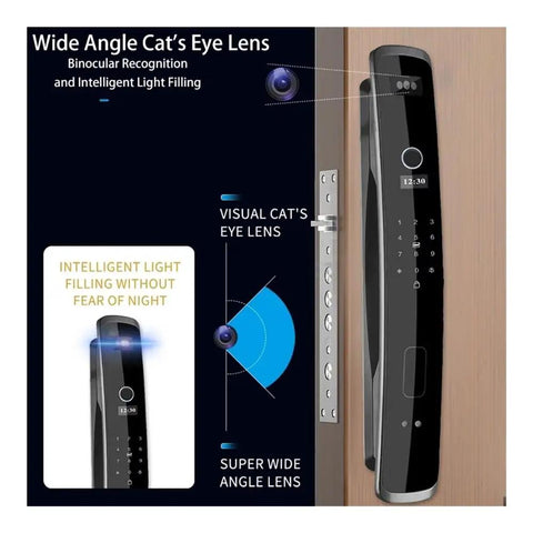 Built Tight Smart Door Lock Featuring Fast Swipe Fingerprint Sensor And Reliable 3D Facial Match For Smooth Wifi App Setup Plus Tough Keypad Access showing wide angle cat's eye lens and keypad.