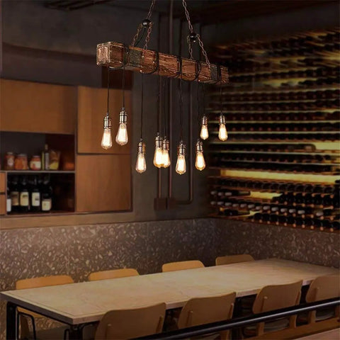 10 Light Rustic Wood Chandelier Pendant Light with adjustable suspension chain above dining table, industrial farmhouse style.