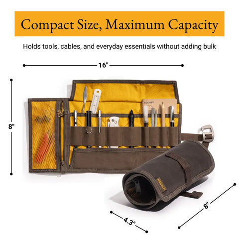 Open EDC Rollup Electronic Organizer For Tech And Art Supplies Waxed Canvas Tool Bag with tools and rolled-up view