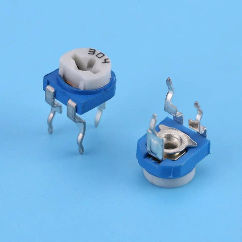 Blue and white vertical PCB mount trimmer potentiometers from 150 Piece Resistor And Trimmer Potentiometer Assortment Kit