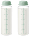 Two Solid Backup 11 Oz Breastmilk Storage Bottles with measurement markings, BPA free, compatible with Momcozy coolers.