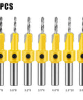 Kickass Woodworking Countersink Drill Bit Set With Ace Step Drills showing 7PCS of alloy steel bits for smooth hole cutting.
