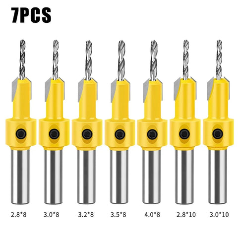 Kickass Woodworking Countersink Drill Bit Set With Ace Step Drills showing 7PCS of alloy steel bits for smooth hole cutting.