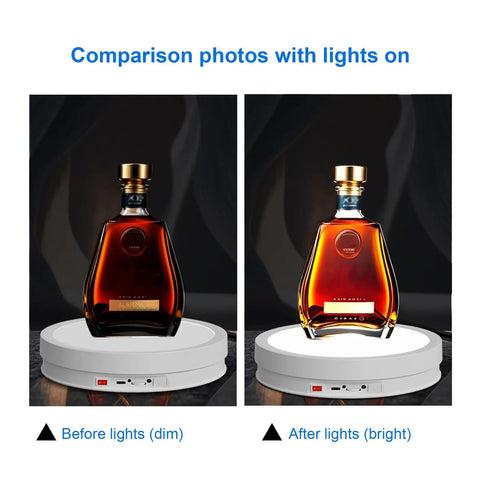Motorized 360 Degree Rotating Display Stand With Remote Control And Seven Color Led Lights For Jewelry Photography And Collectibles Black 32 Cm Turntable displaying a liquor bottle in dim and bright light.