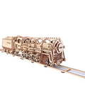 3D Model Steam Locomotive Kit With Tender For Builders And Hobbyists, Gear Driven Train Replica With Rubber Motor, Vintage Steam Era Style For DIY Railfans And Train Nerds, wooden model on track