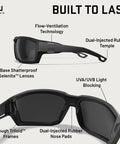 Ballistic Rated Safety Glasses Featuring Matte Graphite Grey Frame And Tungsten Mirror Lenses showcasing 8-base shatterproof lenses and tough frames.