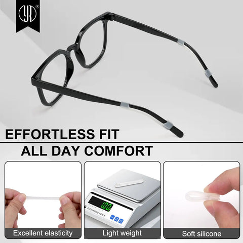 Soft Silicone Eyeglasses Temple Tips Sleeve Retainer No Slip Grips showcased on black glasses with detailed features.