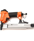 Heavy Duty Pneumatic Brad Nailer For Furniture Assembly And Woodworking Projects Delivers Zero Sweat Fastening side view with aluminum magazine.