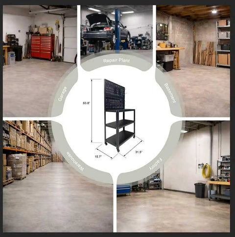 Rolling Metal Workbench On Wheels With Pegboard And 22 Hooks 3 Tier Tool Storage Heavy Duty Steel Tabletop in various settings