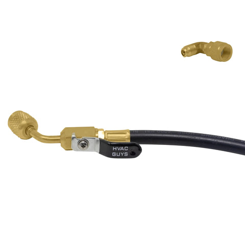 Leak Saver AC injector hose with brass fittings and dual ball valves, black hose with HVAC GUYS lever