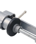 Close-up of Rock Solid Electric Drill Stand And Multifunctional Grinder Bracket attachment with adjustable steel components.