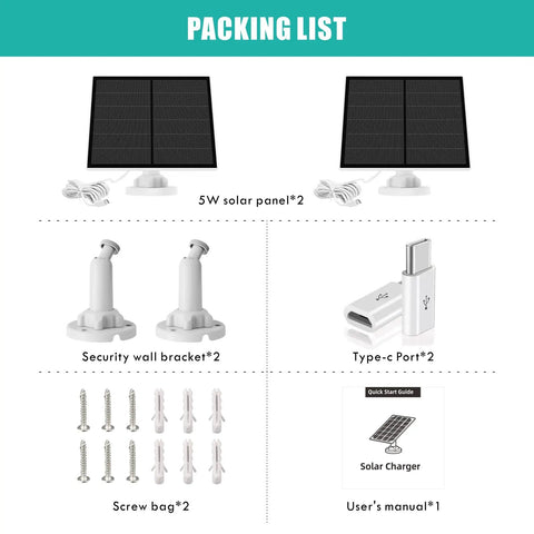 5W USB Solar Panel Kit For Battery Security Cameras With Micro USB Or USB-C Port Outdoor IP65 Waterproof 9.8ft Cable Packing List