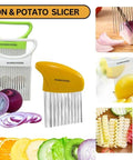 Mammufunds onion and potato slicer set with white frames and green handle; stainless steel blades and crinkle cutter.