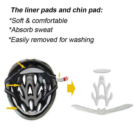 One-Piece Adjustable Adult Bike Helmet For Men And Women, Ultra Lightweight 200g, liner pads and chin pad details shown separately