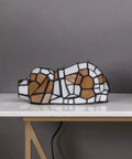 Tiffany Style Stained Glass Accent Dog Table Lamp For Home Decor Orange Lit Pup Vibe 10 Inches Long 5 Inches Wide 4.3 Inches High Uses 25W E12 Bulb LED Included For Warm White Light on marble table.