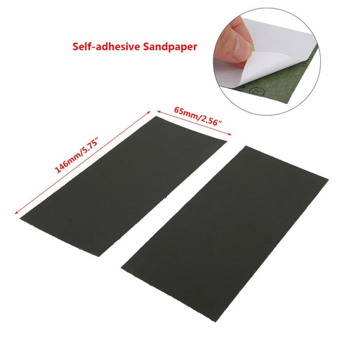 Self-adhesive sandpaper sheets showing dimensions, used with Pro Grade Fretboard Sanding Block For 14 And 15 Inch Radius, Leveling Tool for Luthiers.