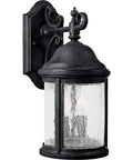 Two Light Water Seeded Glass Outdoor Wall Lantern In Textured Black Old World Inspired Outdoor Lighting With Quill Scrolled Arms