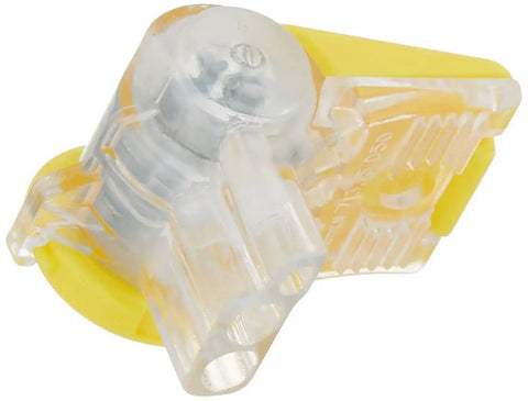 Close-up view of a Two Wire System Snap Loc Wire Connector from the Pack Of 20 For Direct Burial Valve Splices, clear and yellow design.