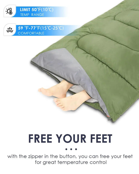 Feet peeking from Ultra Lightweight Three Season Sleeping Bag For Adults Backpacking Waterproof Cold Weather Ready For Camping Hiking