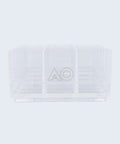 Front view of 18-Section Drawer Organizer In Industrial Grade Clear Acrylic For Jewelry Makeup Cosmetics Craft Supplies And Office Essentials Durable Stash Tray For Vanity Desk And Drawers Made In USA 4 By 8 By 2 Inches.