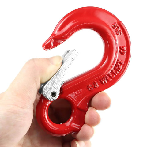 Hand holding Clevis Slip Hook G80 Rotary Eye Hoist Hook With Lock For Safe Lifting, forged steel, red rigging hardware, wide opening.