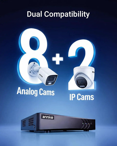3K Lite 8 Channel Digital Video Recorder With AI Human And Vehicle Detection Hybrid 5 In 1 DVR showing 8 analog and 2 IP cam compatibility