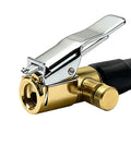 Close-up of Hardcore Locking Air Chuck and Car Tire Inflator Hose Adapter with shiny metal finish and rubber grip.
