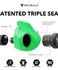 Custom Molded Earplugs With 31dB Noise Reduction Rating for Loud As Heck Environments Like Shooting Travel Swimming Work And Concerts Deliver Superior Comfort And Fit While Providing Gentle Long Lasting Hearing Protection, showing green heat-moldable earpiece assembly.