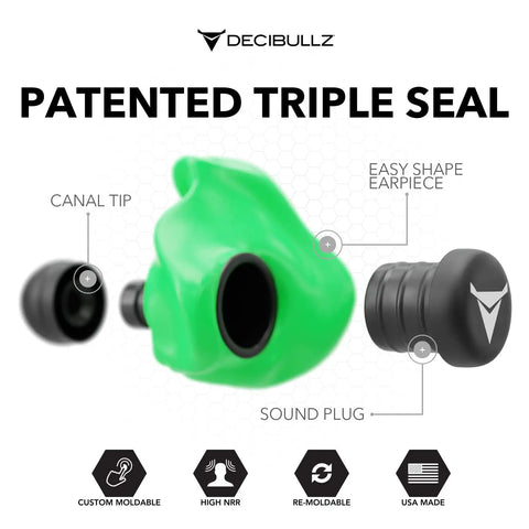 Custom Molded Earplugs With 31dB Noise Reduction Rating for Loud As Heck Environments Like Shooting Travel Swimming Work And Concerts Deliver Superior Comfort And Fit While Providing Gentle Long Lasting Hearing Protection, showing green heat-moldable earpiece assembly.