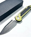 Beefy 7.9 Inch Button Lock Folding Pocket Knife With 3.4 Inch D2 Steel Half Serrated Blade Aviation Aluminum Handle With Pocket Clip Handy EDC Outdoor Tool For Camping And Everyday Carry In Green shown close-up beside a box.