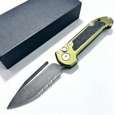 Beefy 7.9 Inch Button Lock Folding Pocket Knife With 3.4 Inch D2 Steel Half Serrated Blade Aviation Aluminum Handle With Pocket Clip Handy EDC Outdoor Tool For Camping And Everyday Carry In Green shown close-up beside a box.