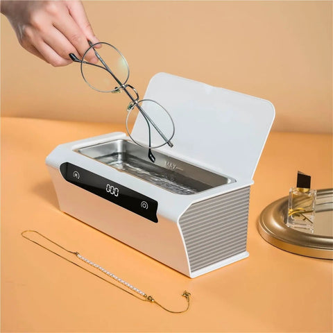 Top Shelf Mini Ultrasonic Cleaner Hella Crisp 500 ML Wash Bath for cleaning glasses with stainless steel basin and digital display.
