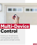 Two Button No Fuss Universal Garage Door Opener Remote For Major Brands With Universal Compatibility Control Up To Two Openers Including Chamberlain Craftsman Genie Linear Stanley Wayne Dalton Gate Opener being used in front of garage.